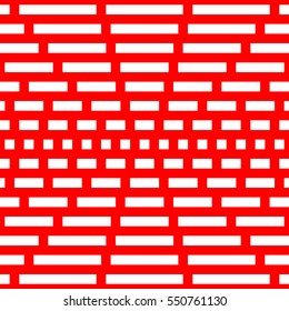 Repeated white squares and rectangles on red background. Geometric wallpaper. Seamless surface pattern design with symmetrical polygons ornament. Futuristic motif. Digital paper. Vector illustration