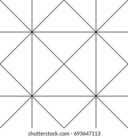 Repeated white triangles on black background. Triangular shapes wallpaper. Seamless surface pattern design with diagonal, horizontal stripes. Grid motif. Digital paper for print. Crossed lines. Vector