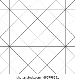 Repeated white triangles on black background. Triangular shapes wallpaper. Seamless surface pattern design with diagonal, horizontal stripes. Grid motif. Digital paper for print. Crossed lines. Vector