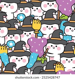 Repeat.Happy halloween.Seamless pattern of cute rabbit witch in various poses halloween festival background.Magic,poison,broom hand drawn.Animal cartoon.Kawaii.Vector.Illustration.