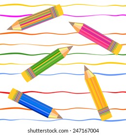 Repeating abstract background with Colorful pencils and lines. Vector seamless pattern.