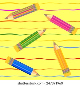 Repeating abstract background with Colorful pencils and lines. Vector seamless pattern.