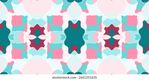 repeating abstract background with  geometric shapes pattern in soft pastel colors. The design features a blend of pink, teal, and maroon hues, perfect for modern decorative or digital projects
