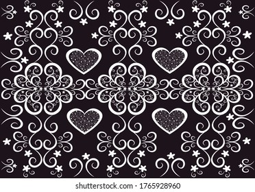 Wiederholter abstrakter Hintergrund mit Herzen und Blumen. Schwarz-Weiß. Er kann für den Druck auf Stoff, Postkarten, Visitenkarten, Notebook-Cover verwendet werden
