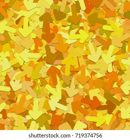 Repeating abstract chaotic arrow pattern background - vector graphic design from rotated rounded arrows in yellow and orange tones with shadow effect