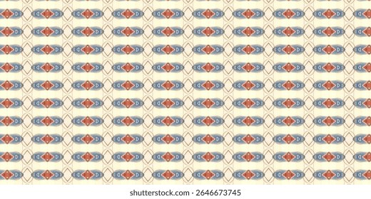 Repetindo o design abstrato com seta e motivos de diamante em tons azuis e vermelhos, formando um padrão simétrico, tribal-inspirado sem emenda. Simetria, padrão, setas, resumo, textura.