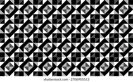A repeating abstract design featuring angular diamond shapes built from high-contrast triangular segments, forming a bold monochrome visual rhythm