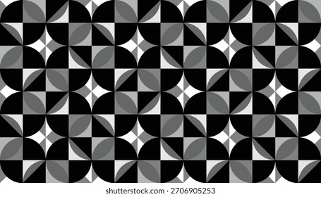 A repeating abstract design formed from quarter-circle tiles in black, white, and gray, arranged to produce star-like centers and flowing circular motion