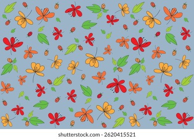 Repeating abstract drawing flower and leaf on grey background.