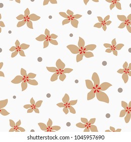 Repeating abstract flowers and round dot. Simple floral seamless pattern. Feminine print. Drawn by hand. Vector illustration.