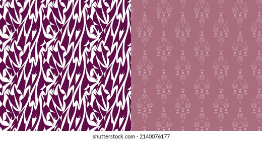 Repeating Abstract Geometric and Damask Patterns, Vector Illustrations, Maroon and Dusty Rose Backgrounds 