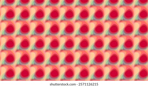 a repeating abstract geometric pattern featuring overlapping teardrop shapes in warm tones of red, beige, and green, creating a retro and vibrant aesthetic.