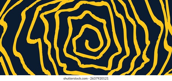 Repeating Abstract Pattern with Concentric Swirling Yellow Lines on Dark Navy Blue, Creating Depth and Movement with a Hand-Drawn, Slightly Imperfect Spiral or Vortex Effect for Artistic Appeal