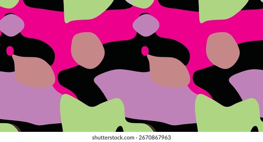 Repeating abstract pattern featuring organic shapes in pink, black, green, and purple. The design has a seamless, flowing quality.