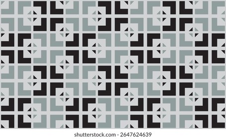 Repeating abstract pattern with intersecting squares and plus-sign motifs in soft gray, black, and white tones