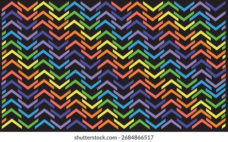 Repeating abstract pattern of multicolored arrows on a black background	