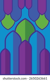 Repeating arch-like shapes in shades of purple, blue, and green create a vibrant geometric pattern.