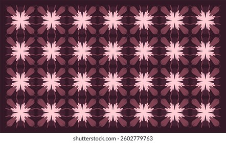 A repeating arrangement of pink, burst-like floral forms on a deep maroon background, creating a bold and symmetrical pattern.
