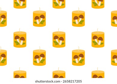 Padrão de outono repetitivo com velas amarelas decoradas com cogumelos florestais