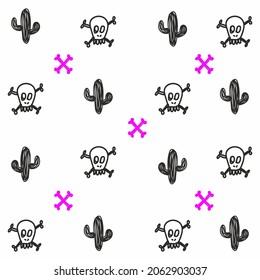 repeating background with cacti, bones and skulls. vector hand drawing square pattern. modern simple background.