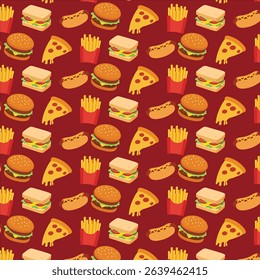 A repeating background of fast food icons including burgers, hot dogs, pizza, and fries.