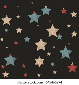 Repeating background illustration with star sparkles - red, blue, yellow. Yellow stars with machine embroidery texture, stitch effect seamless vector pattern. Night shy objects cosmic starburst design