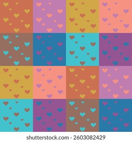 Repeating background with multicolored squares and multicolored hearts