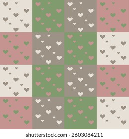 Repeating background with multicolored squares and multicolored hearts