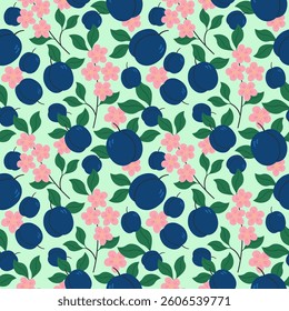 Repeating background with Plums. Seamless pattern with fruits, flowers and leaf for packaging, wrapping, textile, print, template, card. Decorative ornament. Hand drawn vector food illustration