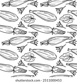 Repeating  background with zucchini squash. Hand drawn vector Seamless pattern with  zucchini harvest, autumnal food vegetables.  Design ornament for banner, flyer, paper, print, wrapping, card