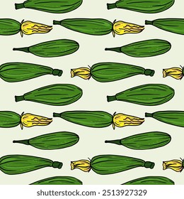 Repeating background with zucchini squash. Hand drawn vector Seamless pattern with zucchini harvest, autumnal food vegetables. Design ornament for banner, flyer, paper, print, wrapping, card