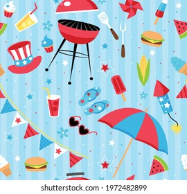 Repeating backyard BBQ party pattern in patriotic color scheme. Repeating vector patterns are great for backgrounds, wallpaper, and surface designs.