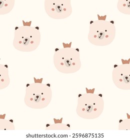 Repeating bear faces with crowns create a playful kids seamless pattern. vector illustration