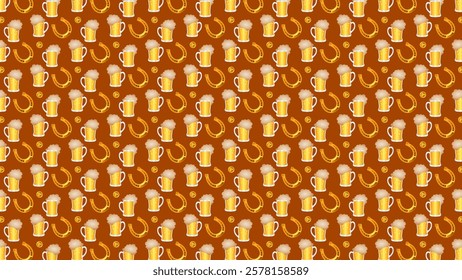 Repeating beer mugs, horseshoes, and coins on a dark background representing a lively and festive theme. Each element is carefully detailed to add a touch of whimsy