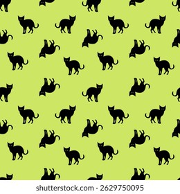 Repeating black cat silhouettes on bright green background, ideal for Halloween or themed textiles and wallpapers. Vector art