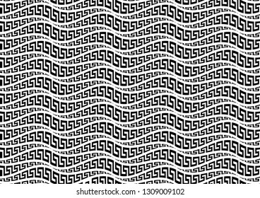 Repeating black greek pattern on a white background in the form of an illusion of a wave