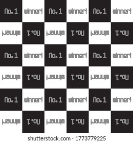 Repeating black and white checkered pattern with the words number one and winner designed for wrapping paper pattern for a race, sport or competition champion, vector illustration