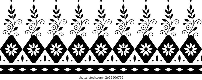 Un patrón de borde floral en blanco y negro que se repite. El diseño presenta flores estilizadas dentro de Formas de diamantes, rematadas con Elementos florales y puntos.