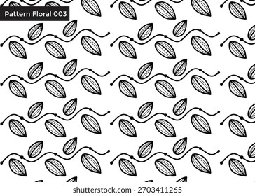 Repeating black and white floral pattern with stylized leaves and curved lines, creating a decorative design.
