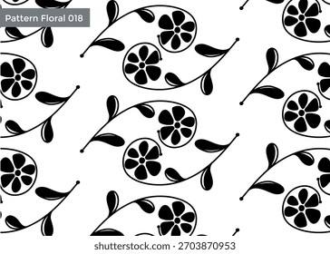 Patrón floral en blanco y negro que repite con flores estilizadas y subgrupos curvos.