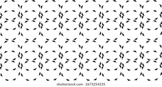 A repeating black and white geometric design. Small, curved, stylized petal shapes are arranged in a symmetrical grid, creating an intricate and delicate decorative background.