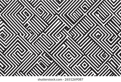 Um padrão geométrico preto e branco repetitivo que lembra um labirinto com formas quadradas entrelaçadas.