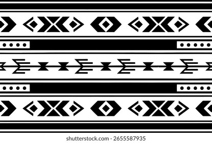 Un repetido patrón tribal geométrico en blanco y negro con Formas de diamantes y zigzags, creando un diseño atrevido y étnico.
