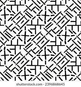 Ornamento repetido en blanco y negro. Patrón sin inconvenientes de líneas, puntos, círculos, cuadrados. Textura monocroma para imprimir y crear su propio diseño