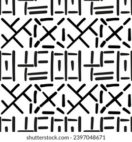Repeating black and white ornament. Seamless pattern of lines, dots, circles, squares. Monochrome texture for printing and creating your own design