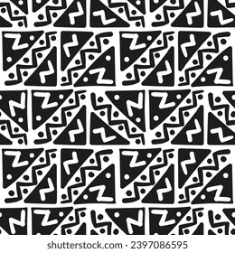 Repeating black and white ornament. Seamless pattern of lines, dots, circles, squares. Monochrome texture for printing and creating your own design
