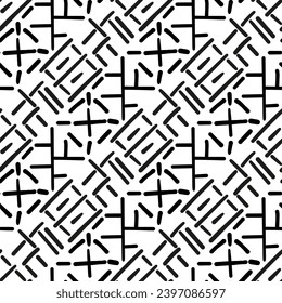 Repeating black and white ornament. Seamless pattern of lines, dots, circles, squares. Monochrome texture for printing and creating your own design