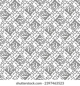 Repeating black and white ornament. Seamless pattern of lines, dots, circles, squares. Monochrome texture for printing and creating your own design