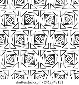 Repeating black and white ornament. Seamless pattern of lines, dots, circles, squares. Monochrome texture for printing and creating your own design