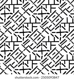 Repeating black and white ornament. Seamless pattern of lines, dots, circles, squares. Monochrome texture for printing and creating your own design